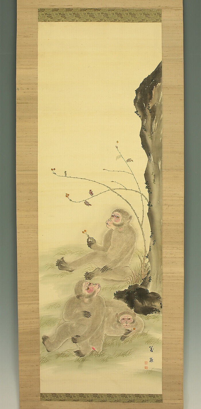 掛軸1967 Japanese Hanging Scroll : Gison "three Monkeys"  @e151
